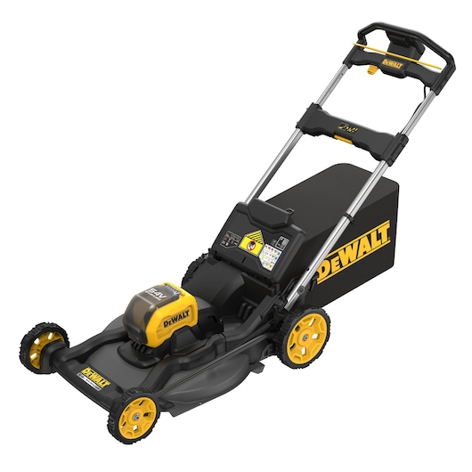 DEWALT cordless lawn mower with yellow and black design, large rear bag, and sturdy wheels.
