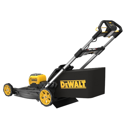 DEWALT cordless lawn mower with yellow accents and grass collection box, shown on a white background.