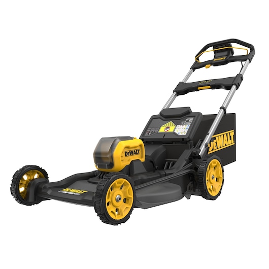 DEWALT cordless electric lawn mower with yellow and black design, sturdy wheels, and ergonomic handle.