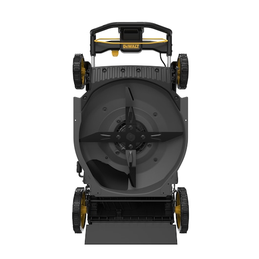 Bottom view of a DEWALT lawn mower showing the cutting blade and wheels.