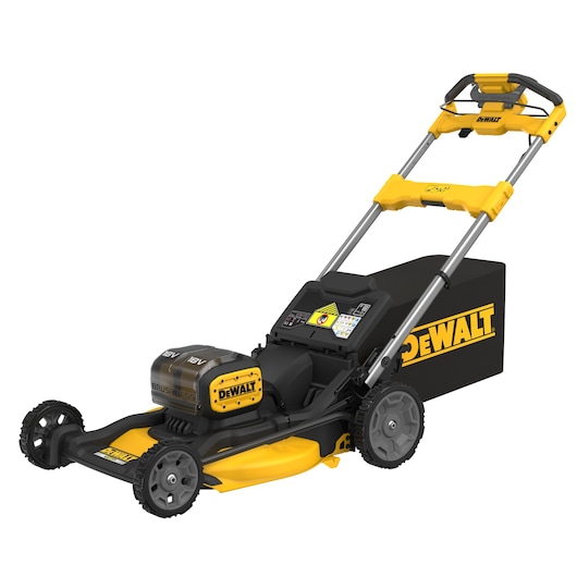 DEWALT cordless lawn mower with yellow and black design and adjustable handle.