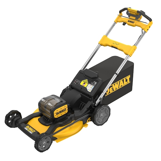 DEWALT cordless lawn mower with 18V battery, yellow and black, shown from side angle on white background.