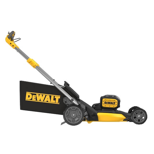 DEWALT cordless lawn mower with yellow and black design, side view showing wheels and handle.