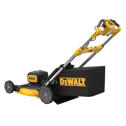 DEWALT cordless lawn mower with yellow and black design, large grass bag and ergonomic handle.