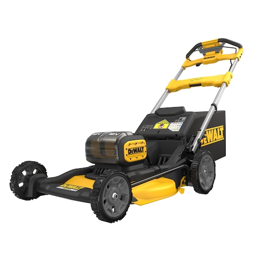 DEWALT cordless brushless lawn mower with black and yellow design, shown from front angle.