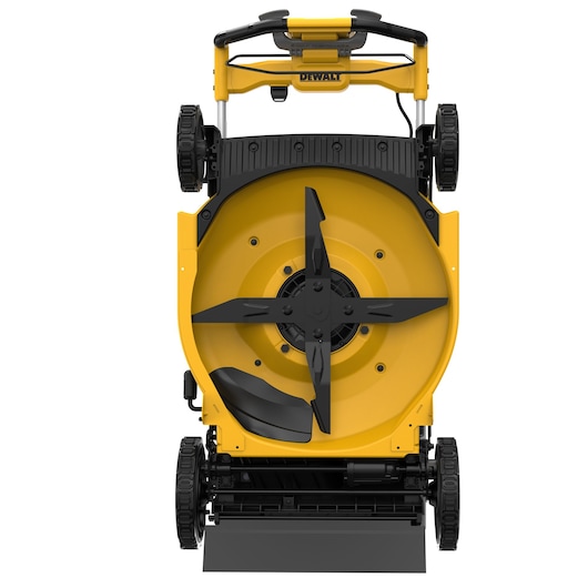 Bottom view of a yellow DEWALT lawn mower showing the blade and wheels in detail.
