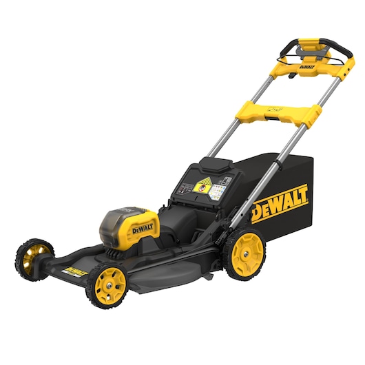 DEWALT cordless lawn mower with yellow and black body, adjustable handle and grass collection bag.