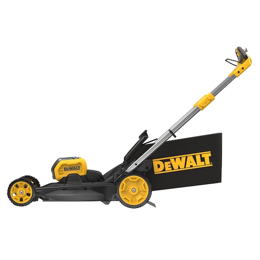DEWALT cordless lawn mower with yellow and black design and grass collection bag, side view.