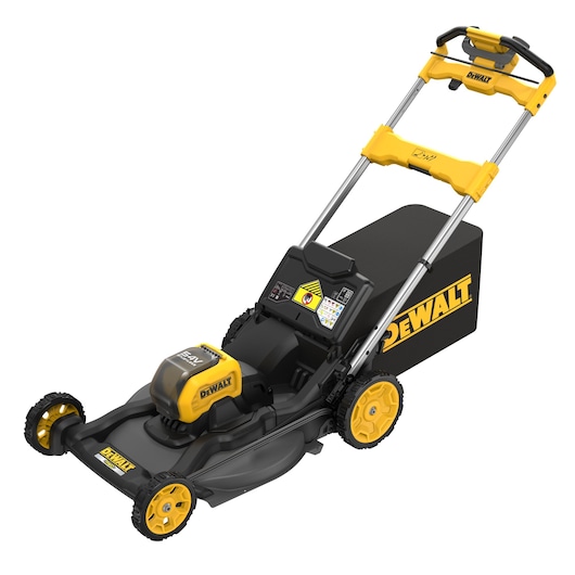 DEWALT cordless electric lawn mower with yellow and black design and grass collection bag.