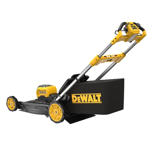 DEWALT cordless yellow and black lawn mower with grass collection box, side view.