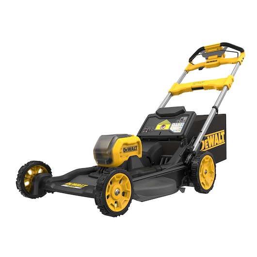 DEWALT cordless lawn mower with yellow and black design, large wheels, and handlebar, front side view.