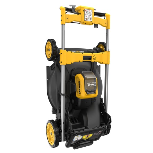 Folded DEWALT lawn mower with yellow and black design for compact storage on a white background.