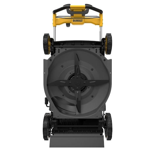 Bottom view of a DEWALT lawn mower showing the blade and wheels in a vertical position.
