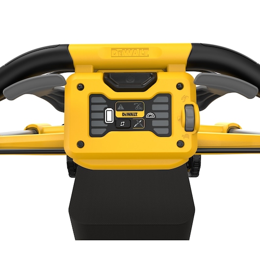 Close-up of DEWALT DCMWSP550 control panel and handle for cordless lawn mower.