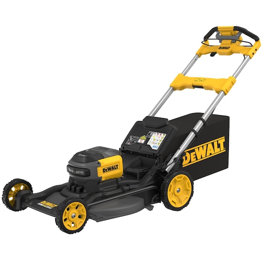 DEWALT cordless lawn mower with yellow and black design and grass collection bag.