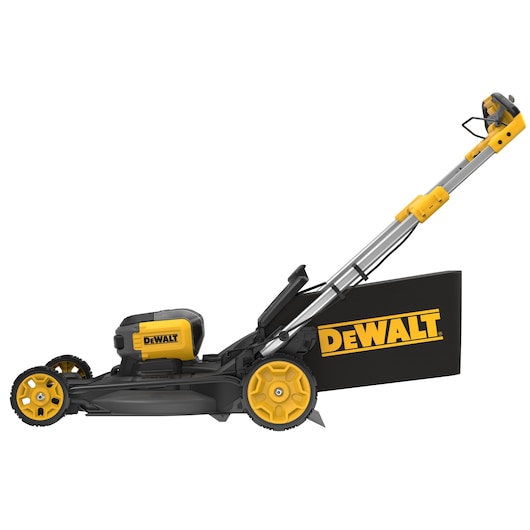 DEWALT cordless lawn mower with yellow and black design, side view with grass catcher attached.
