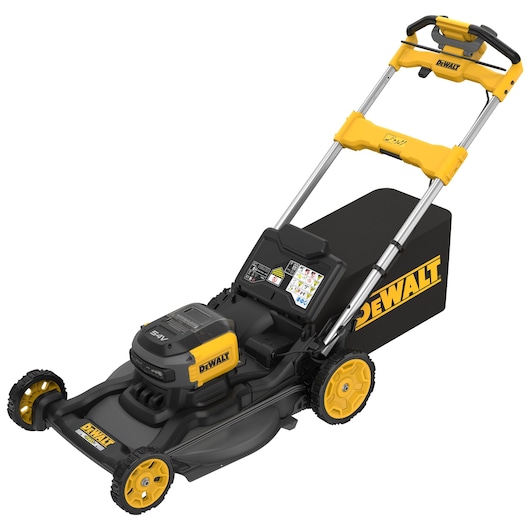 DEWALT cordless lawn mower with yellow and black design, large wheels, and rear grass bag.