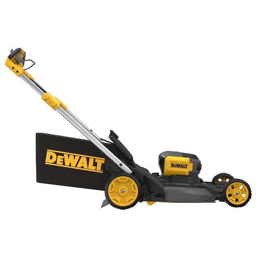 DEWALT cordless lawn mower with yellow and black design, side view. Large rear wheels and grass catcher visible.