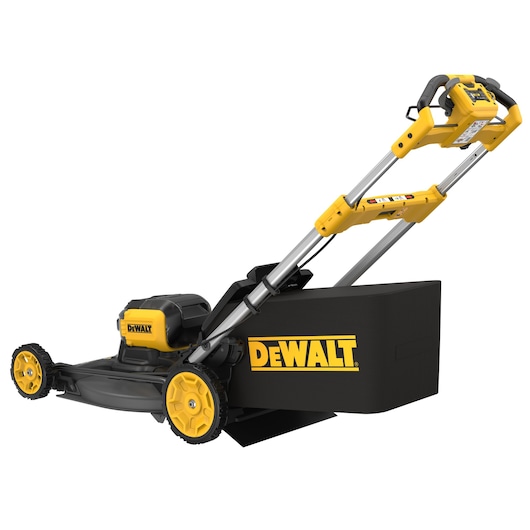 DEWALT cordless lawn mower with yellow and black body, collection box and adjustable handle.