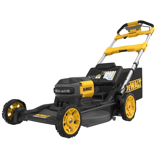 DEWALT cordless lawn mower with yellow and black design, large wheels, and ergonomic handle.
