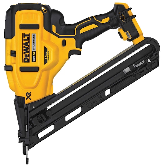 DEWALT 18V XR brushless nail gun with yellow and black design, angled magazine for nails.
