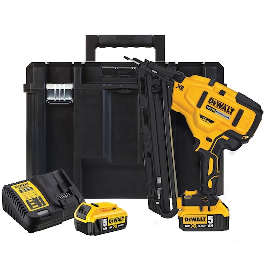 DEWALT nailer kit with case, charger, and two 18V 5Ah XR Li-Ion batteries, shown on a white background.