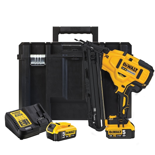 DEWALT cordless nailer kit with case, battery, and charger displayed.