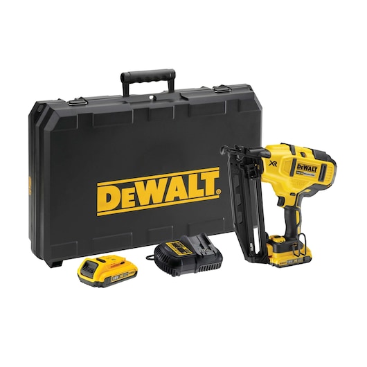 DEWALT cordless nailer set with case, battery, charger, and tool shown on white background.