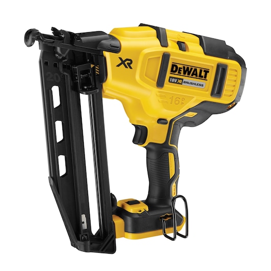 DEWALT 18V XR brushless cordless nailer with yellow and black design, model DCN660NT.