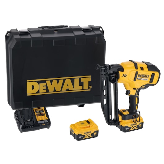 DEWALT nail gun kit with hard case, battery, and charger. Tools displayed on white background.