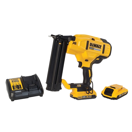 DEWALT 18V XR nailer kit with tool, battery and charger, displayed on a white background.