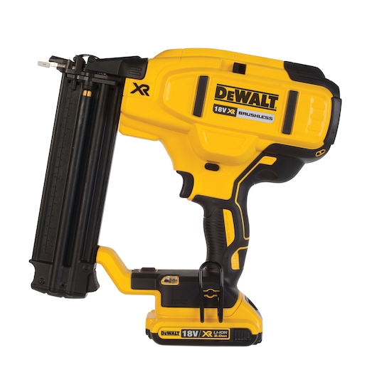 DEWALT DCN680D2 18V XR brushless yellow cordless nail gun, shown from the side on a white background.