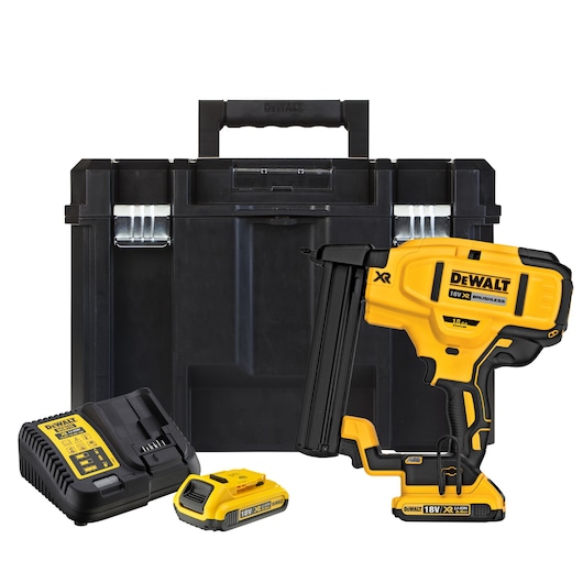 DEWALT cordless nailer kit with battery, charger, and carrying case.