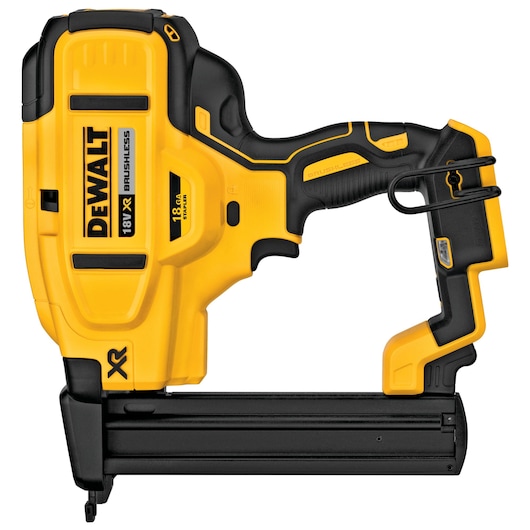 DEWALT DCN681N 18V XR brushless yellow cordless nail gun for photography and construction tasks.