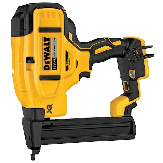 DEWALT 18V cordless nailer, yellow and black, designed for precision woodworking and construction tasks.