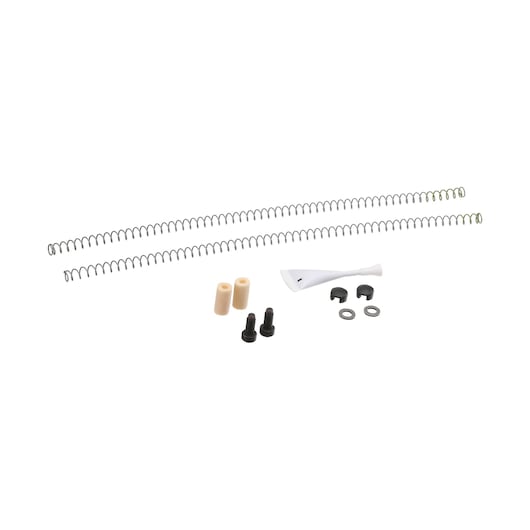 A DEWALT replacement kit containing two metal springs, two cylindrical beige components, a white plastic tool or attachment, two screws, two black caps, and two metal washers, arranged on a white background.