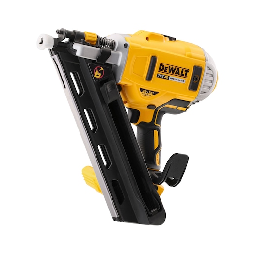DEWALT 18V XR brushless nail gun for construction, yellow and black, shown close-up on a white background.
