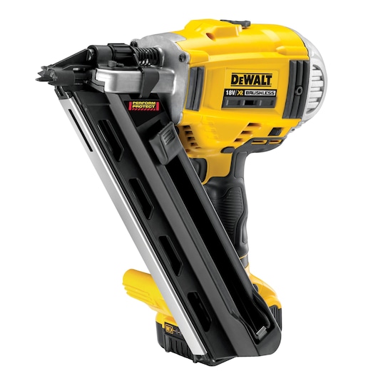 DEWALT DCN692P2K 18V cordless nail gun with brushless motor, yellow and black, angled magazine.