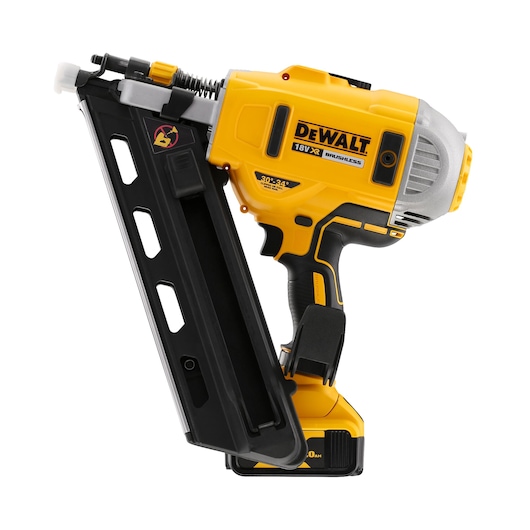 DEWALT 18V nail gun with yellow and black design, angled magazine, cordless for portable use.