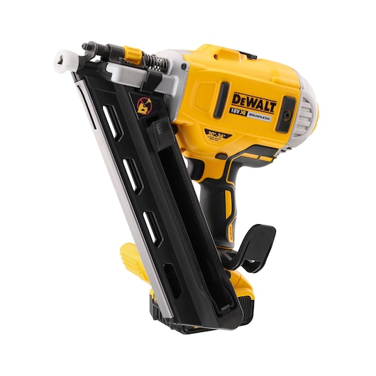 DEWALT yellow cordless nail gun, model DCN692P2, shown on a white background.