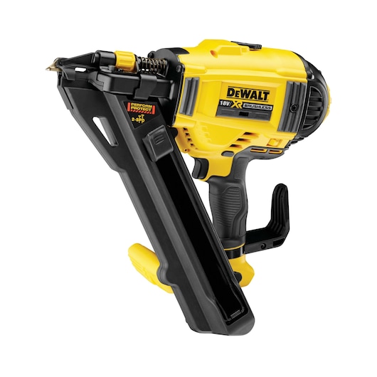 DEWALT 18V XR brushless cordless nailer with angled magazine, shown isolated on a white background.