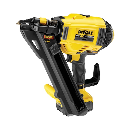 Yellow DEWALT 18V XR brushless nail gun shown angled on a white background.