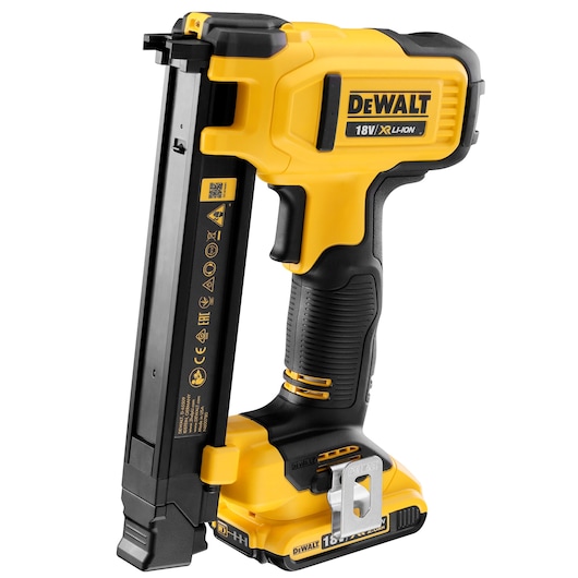 DEWALT 18V XR Li-Ion yellow cordless cable stapler, ergonomic grip, battery base visible.