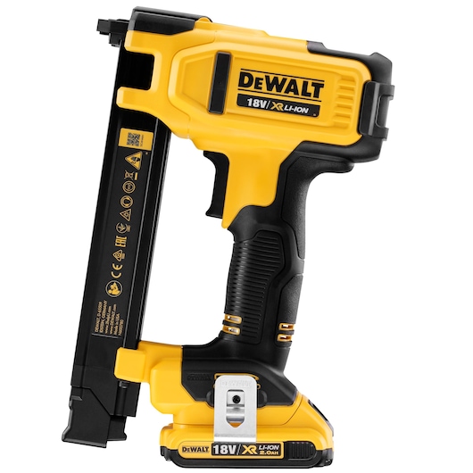 DEWALT 18V XR Li-Ion cordless yellow cable stapler tool with a black handle and clip.