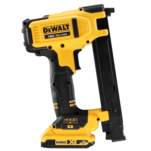 DEWALT 18V XR Li-Ion cordless cable staple gun, yellow and black, shown from the side.