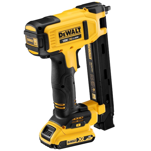 DEWALT 18V cordless cable stapler with yellow and black design, model DCN701D2, suitable for cable installation.