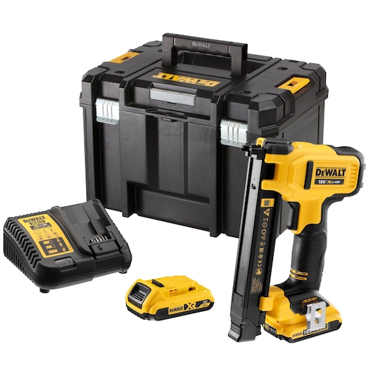 DEWALT nailer kit with battery, charger, and hard carrying case, all in black and yellow.