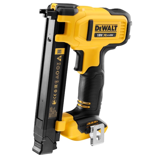 DEWALT 18V XR Li-Ion electric cable stapler, model DCN701N, shown in a side view. The tool is yellow and black with a comfortable ergonomic grip and a long staple magazine.