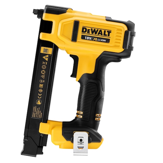 A DEWALT 18V XR Li-Ion cordless cable stapler with a yellow and black body, designed for fastening cables. The model shown is DCN701N.