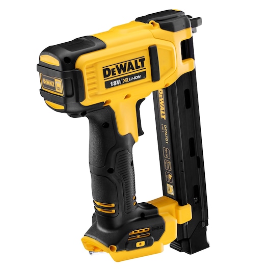 A DEWALT 18V XR Li-Ion cordless yellow and black cable stapler, model DCN701N, shown on a white background.